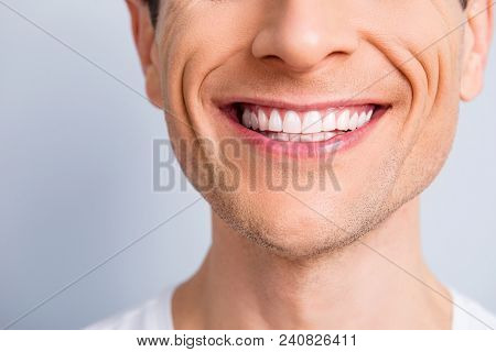 Close Up Cropped Half Face Portrait Of Attractive, Trendy, Stylish, Experienced, Brunet, Toothy Man 
