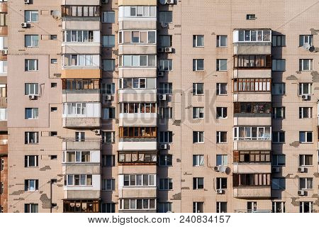 Balconies Of A Modern Pre-fabricated Building. Kiev, Ukraine