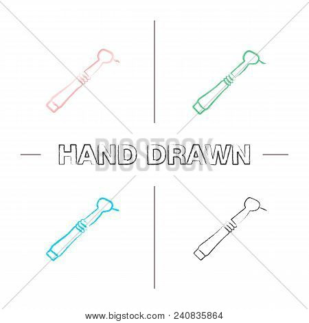Dental Drill Hand Drawn Icons Set. Dental Handpiece. Color Brush Stroke. Isolated Vector Sketchy Ill