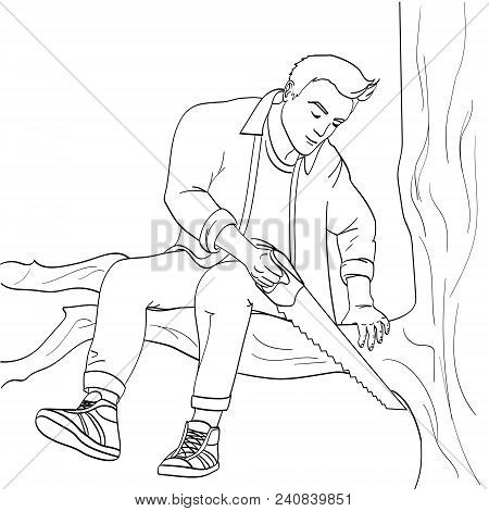 Man Sawing Tree Branch On Which Sits Vector Illustration. Make Yourself Worse Metaphor. Coloring Obj