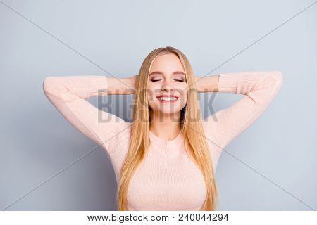 Snooze Asleep People Person Concept. Portrait Of Cheerful Excited Calm Carefree Beautiful Cute Adora