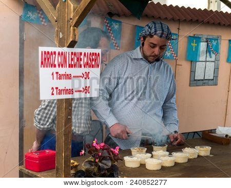 Oviedo, Spain - May 12, 2018: 
Rice With Milk Asturian Traditional Dessert Making Master Class On Th