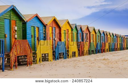 Row Of Colorful Bathing Huts In Muizenberg Beach, Cape Town, South Africa