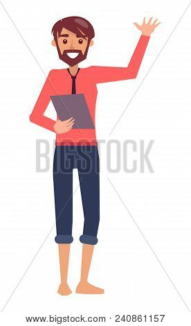 Businessman Waving Hand, Poster With Man Holding Papers And Bare Feets, Freelancer At Holiday Journe