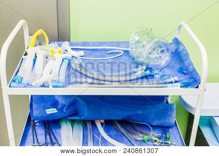 Set Of Tools For Intubation Tracheas Arranged On A Table For A Surgery