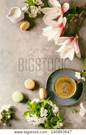 Blue Cup Of Black Espresso Coffee French Dessert Macaroons, Cream And Spring Flowers Magnolia, Bloom