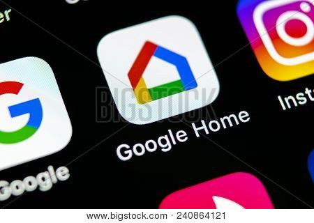 Sankt-petersburg, Russia, May 10, 2018: Google Home Application Icon On Apple Iphone X Smartphone Sc