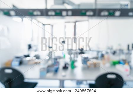 Laboratory Interior Out Of Focus. Blur Image Of Modern Medical, Biological Or Chemical Laboratory Wi