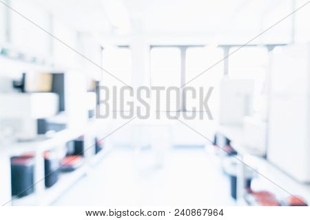 Laboratory Interior Out Of Focus. Blur Image Of Modern Medical, Biological Or Chemical Laboratory Wi