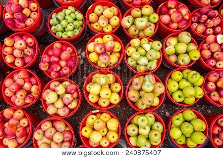 Bright Colored Apples In Buckets, Top View