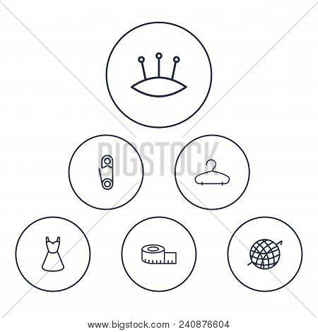 Set Of 6 Sewing Icons Line Style Set. Collection Of Meter, Pintle, Pins And Other Elements.