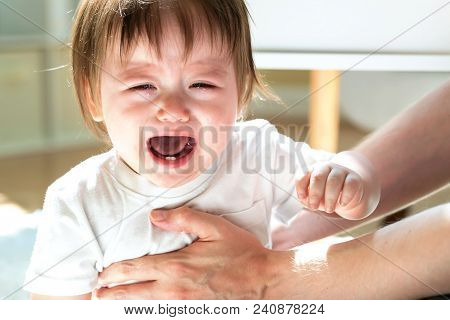 Upset Toddler Boy Crying While Being Held By His Father