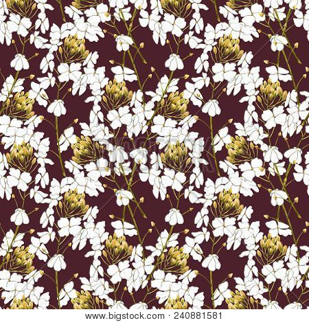 Watercolor Horseradish Flowers. Seamless Pattern. Botanical Illustration Of Organic, Eco Plant. Illu