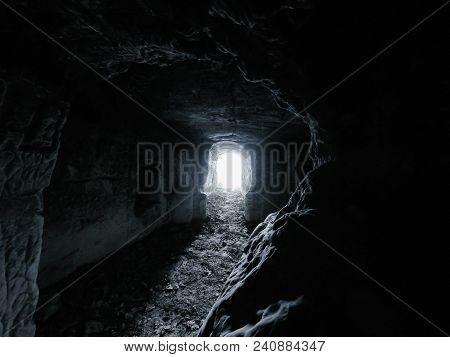 Ansient Stone Dark Cave Whith Letters Inside View