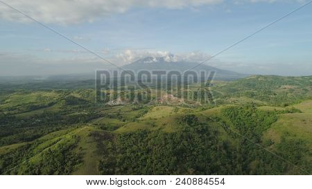 Aerial View Of Mountain Valley With Hillscovered Forest, Trees, Mount Iriga. Luzon, Philippines. Slo