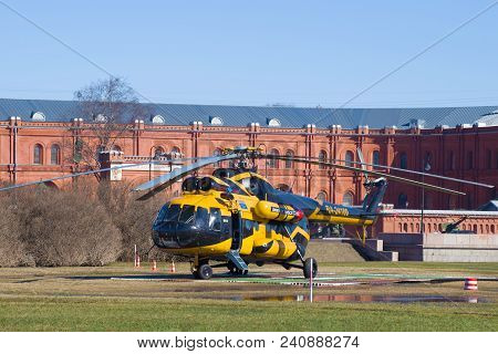 Saint Petersburg, Russia - April 7, 2018: The Mi-8tv (ra-24100) Helicopter Of The Alliance Avia Aon 