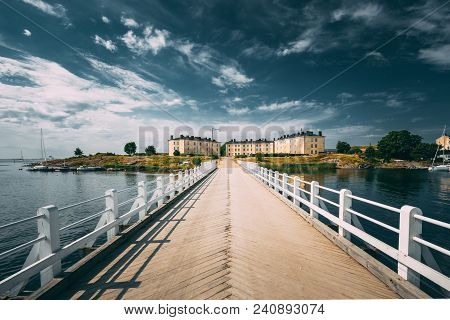 Bridge At Suomenlinna Fortress In Helsinki, Finland. Sunny Day With Blue Sky