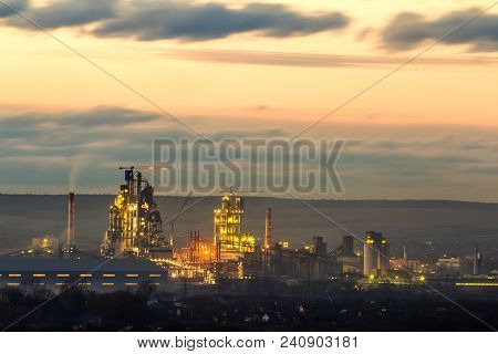 Panorama View Of Cement Plant And Power Sation At Night In Ivano-frankivsk, Ukraine