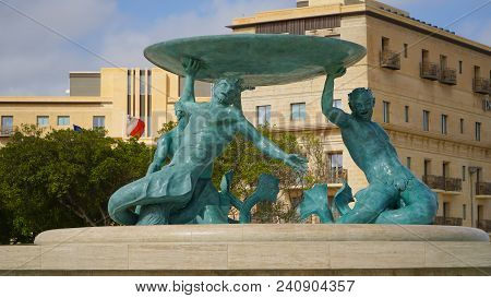 Triton Square In Valletta, Malta. Valletta - Italian Word For Small Valley Is The Capital City Of Ma