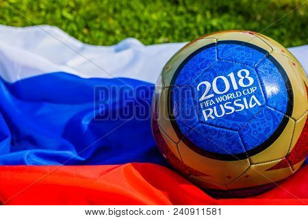 Moscow, Russia. May 13, 2018. Souvenir Ball With The Emblems Of The Fifa World Cup 2018 In Moscow, T
