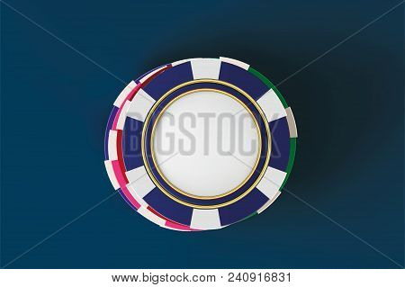 Top View Of Casino Poker Chips On Blue Background. Online Casino Chip Game On Blue Table Gambling 3d