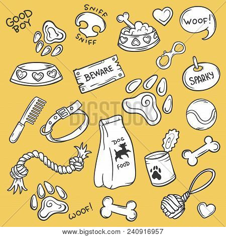 Dog Stuff, Hand Drawn Pet Accessories, Outline Icons Set, Vector Illustration