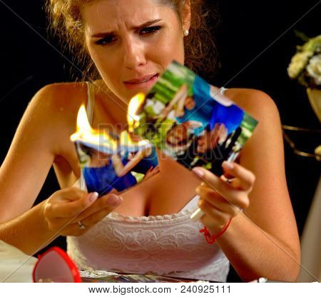 Wedding memories. Broken heart woman. Couple break up. Sad bride on unhappy wedding. Collapse of hope and disappointment. Portrait crying female. Family has divorce. Problems with men.