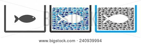 Fish Tank Vector Illustration Set With Collage Elements Filled By Fish Icons In Blue And Gray Colors