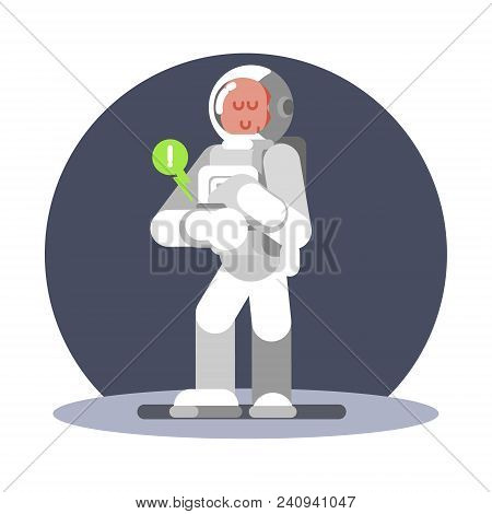 Man Cosmonauts Hand Computer Work Well. Vector Illustration, Eps 10