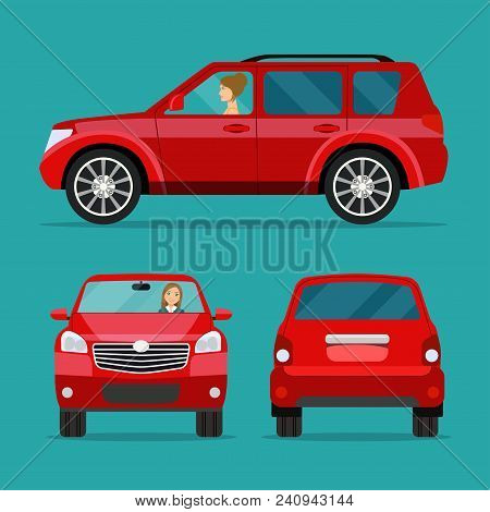 Red Car Two Angle Set. Car With Driver Woman Side View, Back View And Front View. Vector Flat Illust