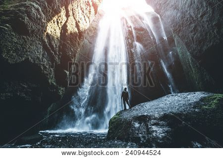 Perfect view of famous powerful Gljufrabui cascade. Location Seljalandsfoss fall, Iceland, Europe. Scenic image of popular tourist attraction. Travel destination concept. Discover the beauty of earth.