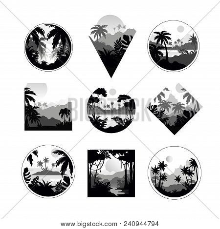 Collection Of Monochrome Geometric Tropical Logo, Badges With Tropical Landscape, Retro Style Design