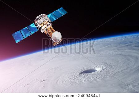 Research, Probing, Monitoring Of Tracking In A Tropical Storm Zone, A Hurricane. Satellite Above The