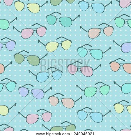 Colorful Sunglasses Seamless Pattern, Vector Accessory Background. Cartoon Drawing Multicolored Past