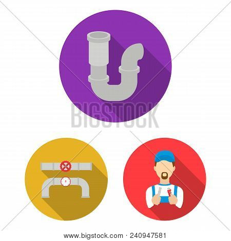 Plumbing, Fitting Flat Icons In Set Collection For Design. Equipment And Tools Vector Symbol Stock  