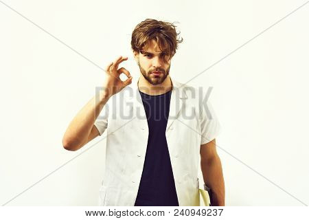 Bearded Man, Long Beard. Brutal Caucasian Serious Doctor Or Unshaven Hipster, Postgraduate Student H