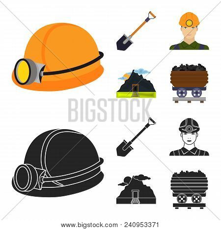 A Shovel, A Miner, An Entrance To A Mine, A Trolley With Coal.mine Set Collection Icons In Cartoon, 