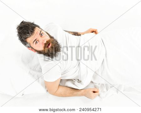 Morning And Wake Up Concept. Man On Surprised Face, Morning, Need To Get Up, White Background. Man W