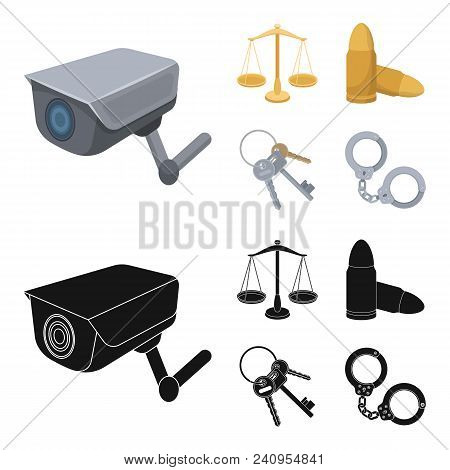 Scales Of Justice, Cartridges, A Bunch Of Keys, Handcuffs.prison Set Collection Icons In Cartoon, Bl