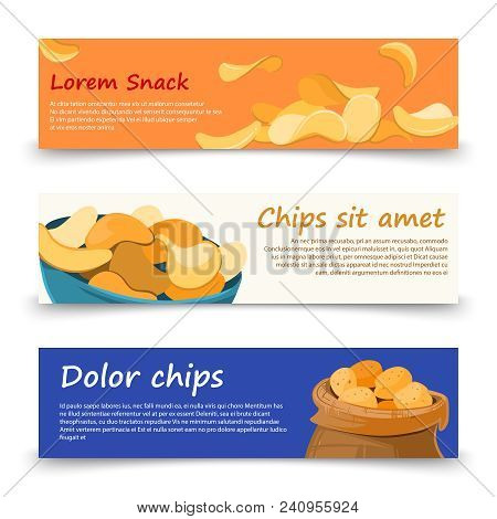 Snack Banners Template Of Set With Potato Chips. Vector Illustration