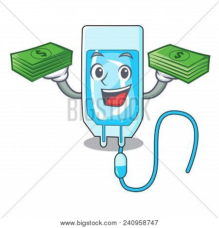 With Money Bag Infussion Bottle Mascot Cartoon Vector Illustration