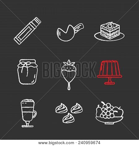 Confectionery Chalk Icons Set. Chewing Gum Stick, Fortune Cookie, Tiramisu, Berry Jam, Strawberry In
