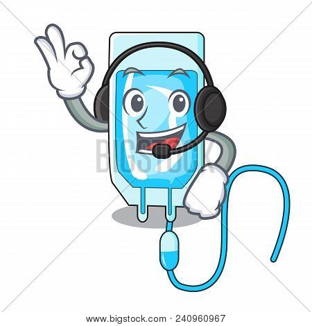 With Headphone Infussion Bottle Mascot Cartoon Vector Illustration
