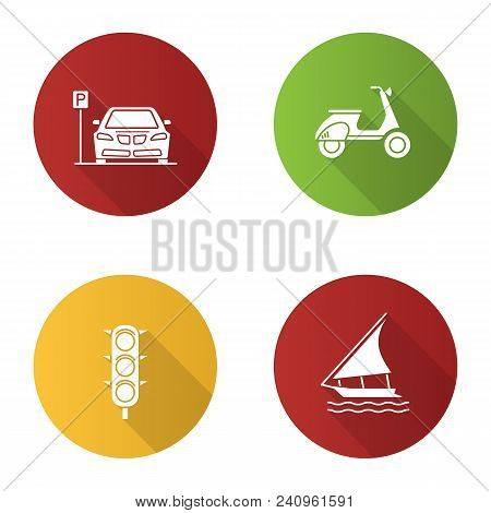 Public Transport Flat Design Long Shadow Glyph Icons Set. Modes Of Transport. Parking Zone, Scooter,