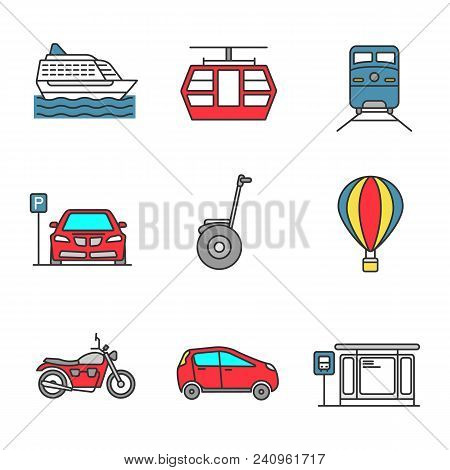 Public Transport Color Icons Set. Modes Of Transport. Cruise Ship, Funicular, Train, Parking Zone, S