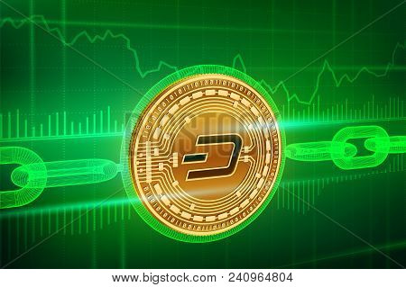 Crypto Currency. Block Chain. Dash. 3d Isometric Physical Golden Dash Coin With Wireframe Chain. Blo