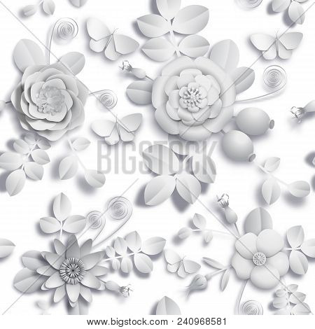 Vector Paper Craft 3d Wild Rose Flowers, Rosehip Berries And Butterfly Seamless Pattern. Illustratio