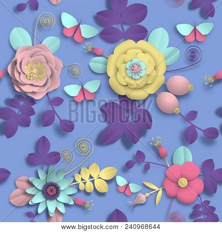 Vector Paper Craft 3d Wild Rose Flowers, Rosehip Berries And Butterfly Seamless Pattern. Illustratio
