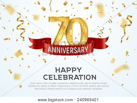 70 Years Anniversary Vector Banner Template. Seventieth Jubilee With Red Ribbon And Confetti On Whit