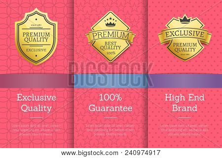 Exclusive Quality 100 Guarantee High End Brand Golden Labels Set Award Emblems Isolated On Pink. Vec